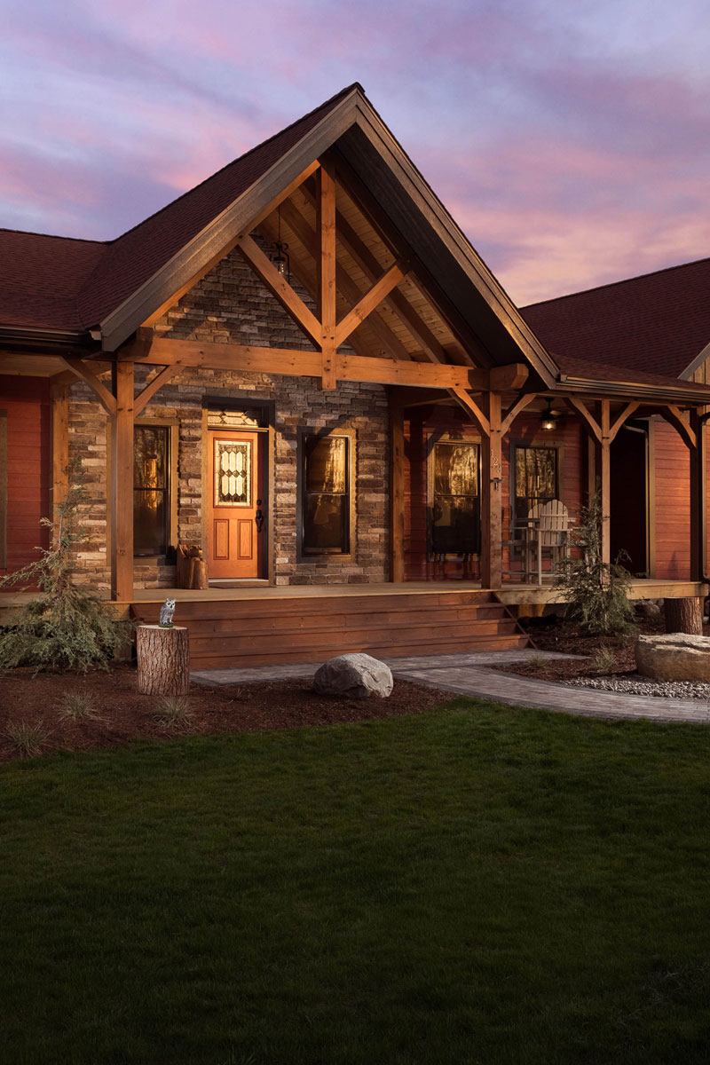 Elegant sunset enhances inviting glow, rustic charm