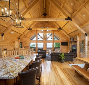 log home, log home great room, timberhaven, white pine, kiln dried, open concept, alpine, lake living