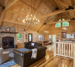 log home great room, great room, alpine log home, log home living, timberhaven