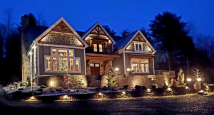 exterior twilight photo of beautiful home, Custom Timber Frame Home Virtual Tour, timber frame home, timber home, Timberhaven, timber frame home virtual tour