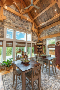 game room in timber frame home, timber frame home, timber home, hybrid home, award winning, timber frame pavilion, timberhaven