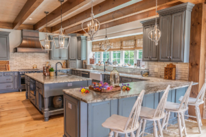 spacious kitchen with timbers, timber frame home, timber home, hybrid home, award winning, timber frame pavilion, timberhaven