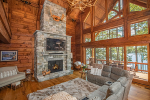 custom log home great room, custom log home, log home, dream home, log home living, timberhaven, best in American living awards, silver winner, award winning home design, custom home design
