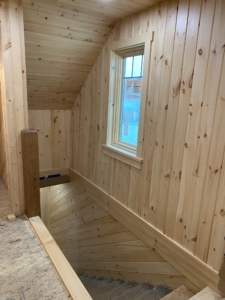 Timber Frame Model Home Under Construction, Entryway, Timberhaven, tongue and groove finishes