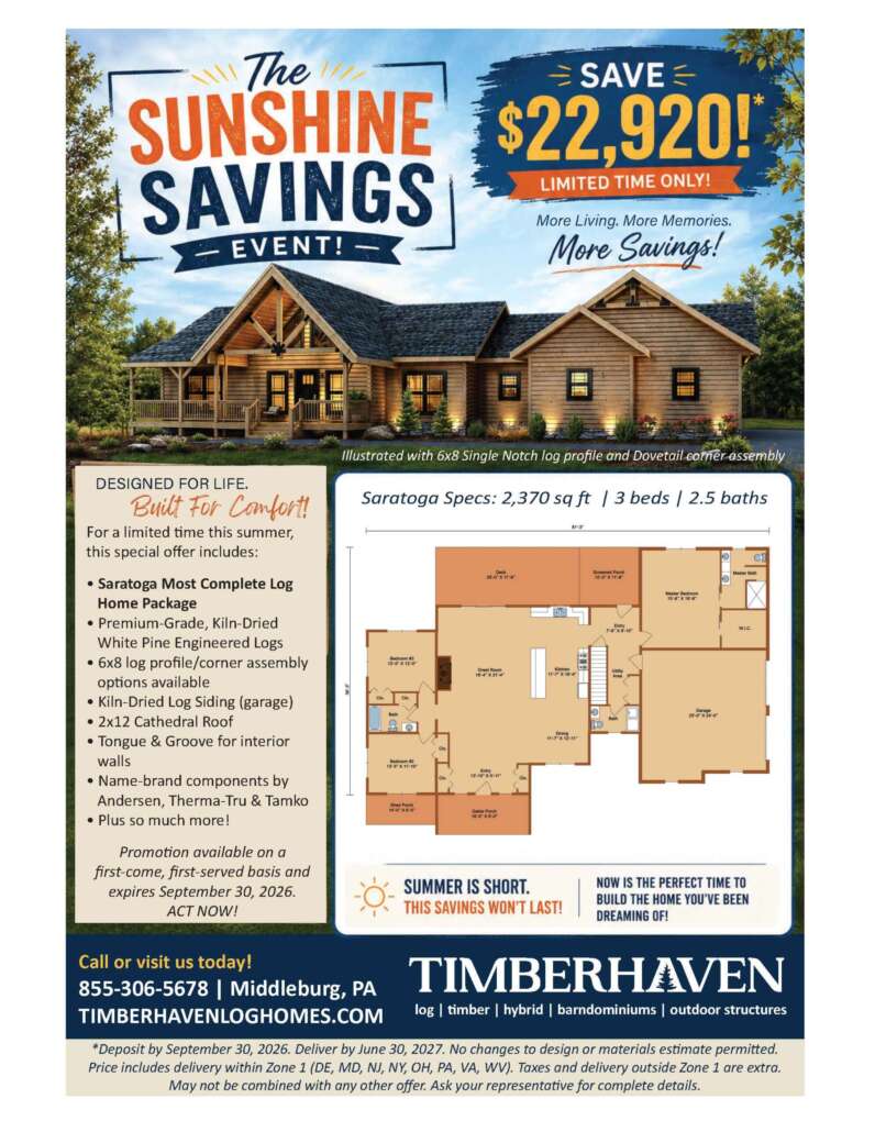 Sunshine Savings Event flyer, savings opportunity, log home sale, Timberhaven, Saratoga Log Home Sale