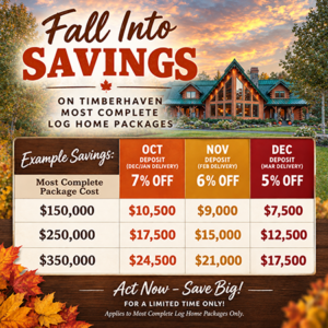 log home showcase with examples of promotional savings, log home savings programs, log home discount, special offer, Timberhaven, log homes