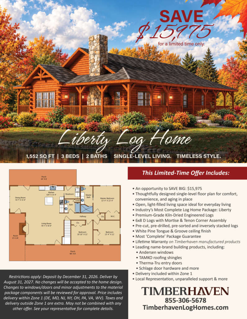 Marketing flyer showing log home and plans, promotional details, log homes, log cabins, feature home, Timberhaven, log home package sale
