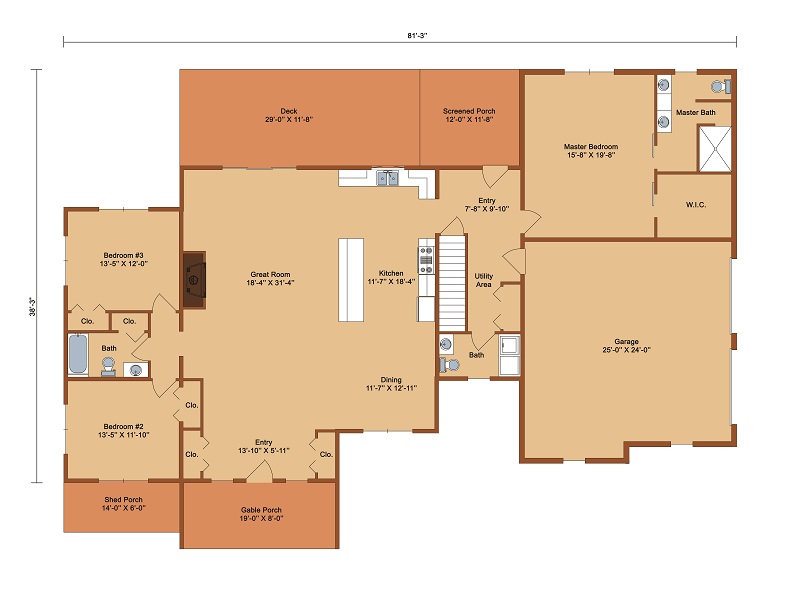 Saratoga Log Home First Level Floor Plan